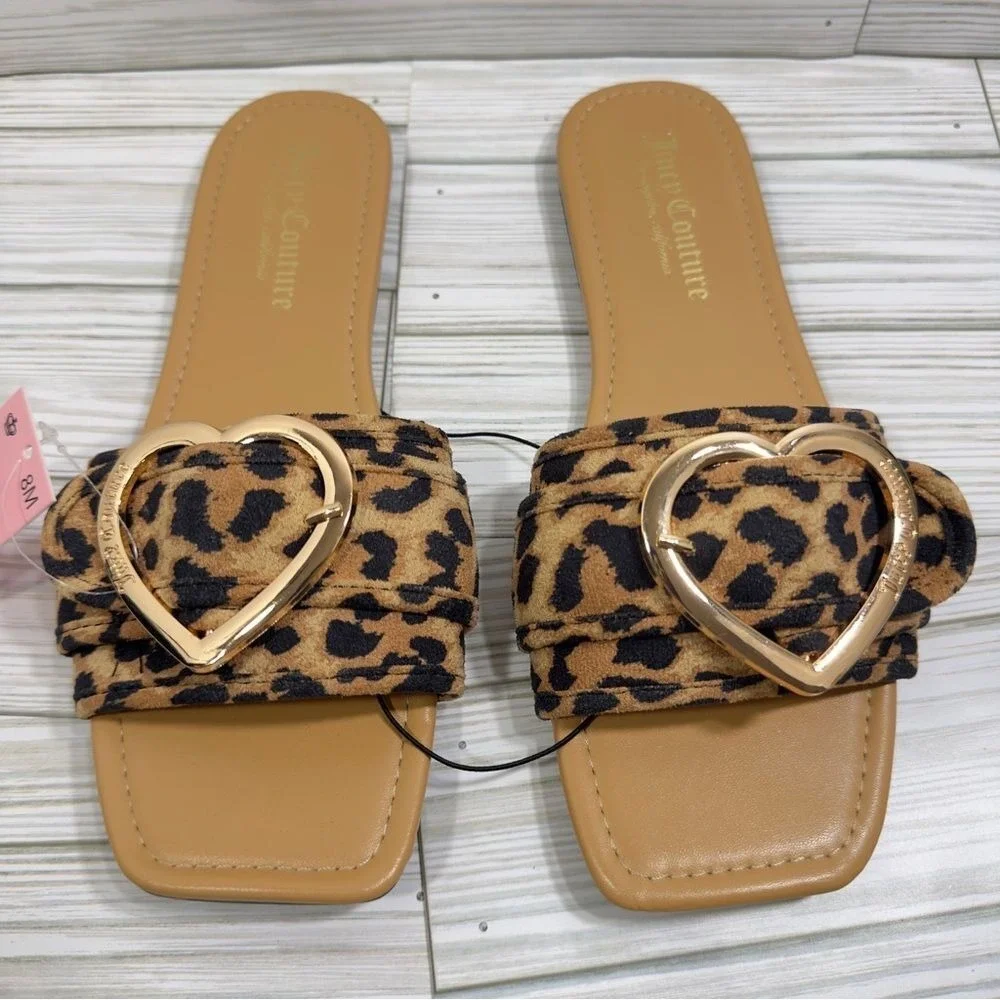 NWT‎ Juicy Couture Leopard Heart Slide Sandals Women Size 8M Tan Black Gold